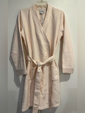 NWT Yves Delorme Paris Fleece Cozy Satin Trim Ivory Bath Robe Sz M